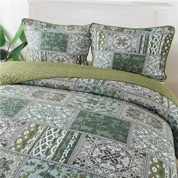Cotton Bedspread Quilt Sets-Reversible Patchwork Coverlet Set, Classic Bohemian - Picture 2 of 7